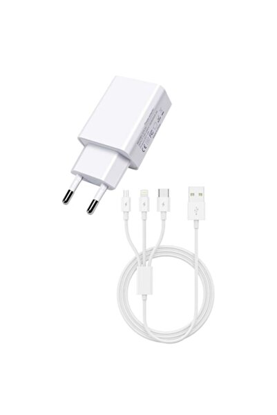 EZRA Adaptor 2.4A Fast Charging + cablu 3-in-1 USB la Lightning / USB-C / Micro-USB, priza EU, Alb