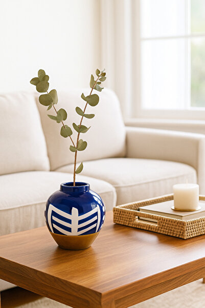 MARIA HOMES مزهرية خزفية باللون الأزرق الداكن والأبيض - وعاء دائري مزخرف هندسيًا