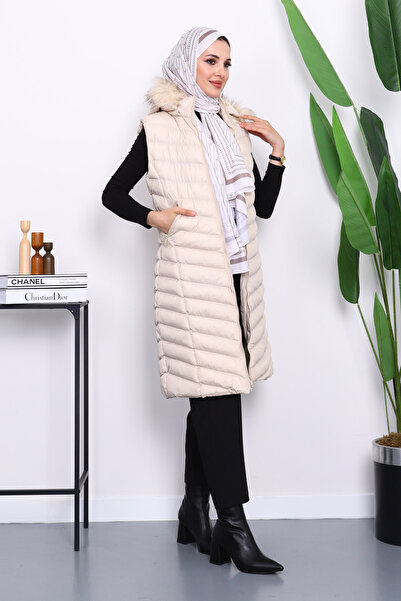 İmajButik Μπεζ με κουκούλα Μακρύ φουσκωτό γιλέκο