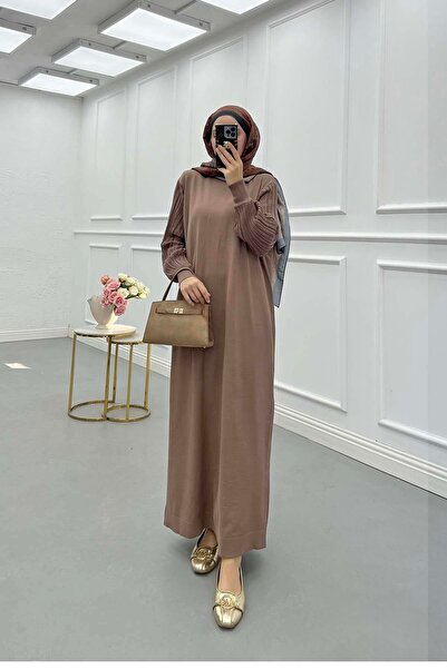 Pardesü Dünyası Yaka ve Kolları Simli Triko Elbise Kahve