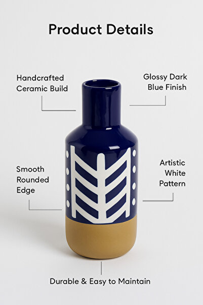 MARIA HOMES Dark Blue and White Ceramic Vase – Tall Cylindrical Geometric Decorative Vase