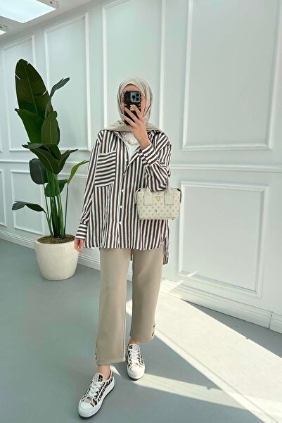 Pardesü Dünyası Çizgili Oversize Gömlek Vizon