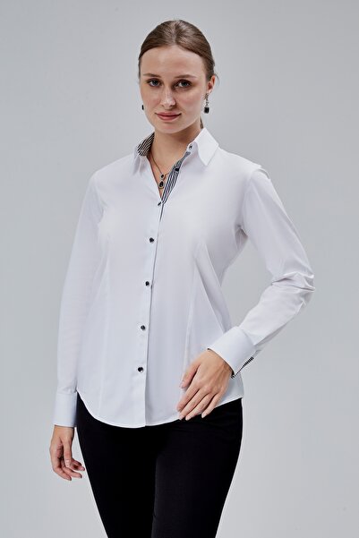 FARQIN White Cotton Satin Lycra King Striped Fabric and Button Detailed Slim Fit Women's Shirt