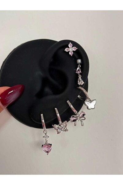 h&b design jewel Çelik Silver Pembe Kelebek Detaylı 6 Lı Küpe Seti