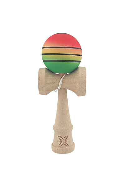 Krista Kendama X Grip din cauciuc 18 cm, verde-galben-roșu cu dungi negre, fa...
