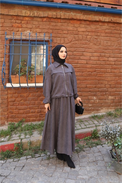 NİSUM MODA Suede Suit with Zippered Skirt