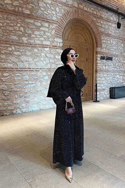 Pardesü Dünyası Balon Kol Taşlı Kuşaklı (Astarlı) Elbise Siyah