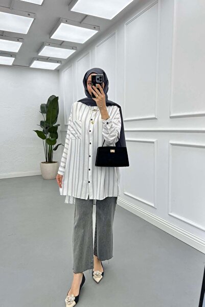 Pardesü Dünyası Cep Detaylı Oversize Çizgili Gömlek Beyaz