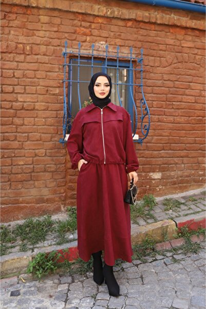 NİSUM MODA Suede Suit with Zippered Skirt