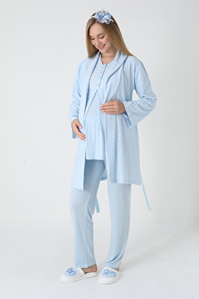 Lohussa Blue Jacquard Shawl Collar Special Design Winter Long Sleeve 100% Cotton Maternity Dressing Gown Pajamas Suit 3-Piece Set