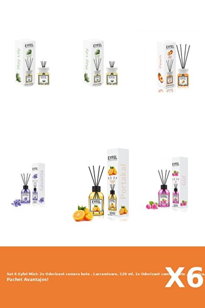 Eyfel Set 6 Mixt: 2x Odorizant camera bete , Lacramioare, 120 ml, 1x Odorizan...