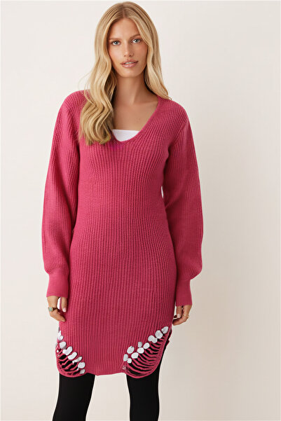 armonika Women's Fuchsia V-Neck Hem Sequin Knitwear Dress Arm-26K136016