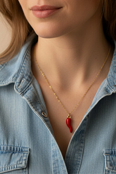 axexuar Yellow Steel Necklace Designed with a Red Pepper Symbol - the Meeting of Luck, Abundance, and Elegance 47 cm