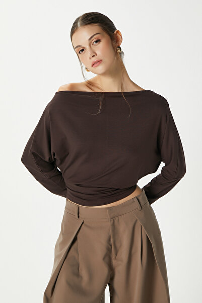 Ritnice Women's Grace Asymmetrical Shoulder Detail Brown Blouse