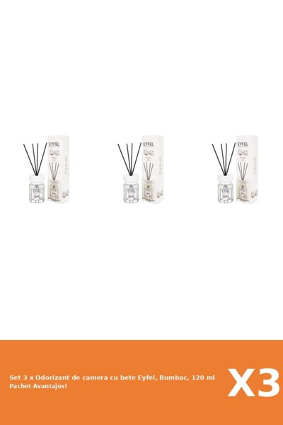 Eyfel Set 3 x Odorizant de camera cu bete Eyfel, Bumbac, 120 ml