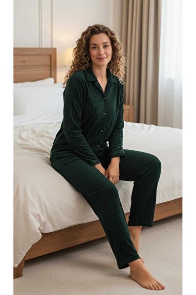 ARCAN Women's Shirt with Collar, Buttoned at the Neck, Rubbed Fleece, 2-Piece Set