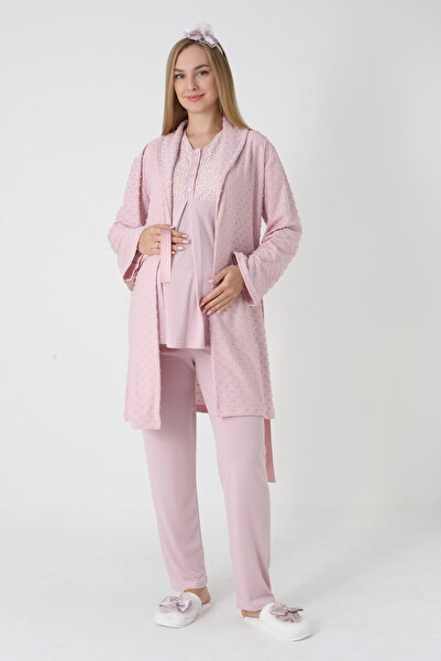 Lohussa Powder Jacquard Shawl Collar Special Design Winter Long Sleeve 100% Cotton Maternity Dressing Gown Pajamas Set 3-Piece Set