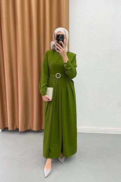 Pardesü Dünyası Kemerli Piliseli Elbise Zeytin Yeşili