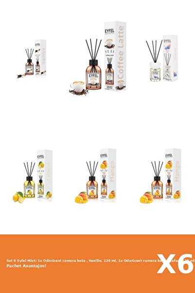 Eyfel Set 6 Mixt: 1x Odorizant camera bete , Vanilie, 120 ml, 1x Odorizant camera bete , Cafea, 120