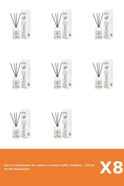 Eyfel Set 8 x Odorizant de camera cu bete Eyfel, Orhidee, 120 ml
