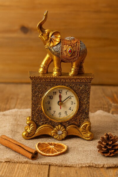 HediyeFilesi Dekoratif Gold Fil Figürlü Masa Saati – 19 cm | Şık Ev & Ofis Ak...
