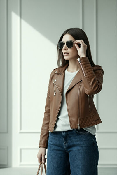 Qaju Women's Short Cropped Leather Jacket