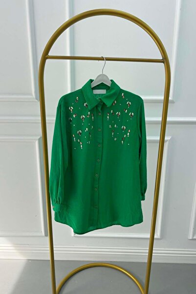 Pardesü Dünyası Taşlı Keten Gömlek Yeşil