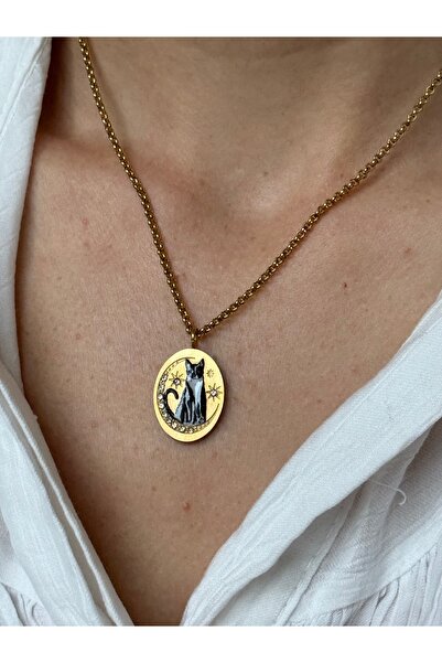 STOLIA 316L ÇELİK ZİRKON DETAYLI KEDİ BASKILI MADALYON KOLYE