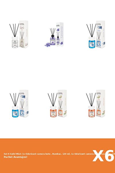 Eyfel Set 6 Mixt: 1x Odorizant camera bete , Bumbac, 120 ml, 1x Odorizant camera bete , Lavanda, 120