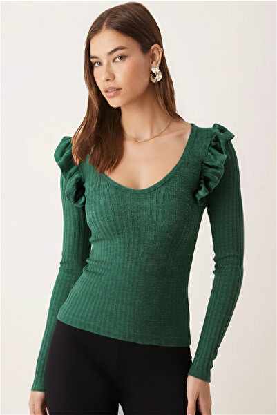 armonika Women's Green V-Neck Ruffle Detail Soft Textured Blouse Arm-26K001045