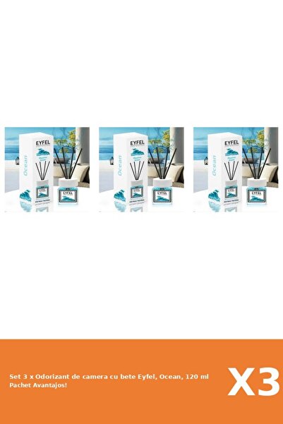 Eyfel Set 3 x Odorizant de camera cu bete Eyfel, Ocean, 120 ml