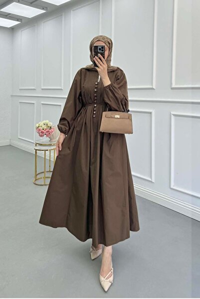 EFSUN MODA Biyeli Poplin Elbise Kahve