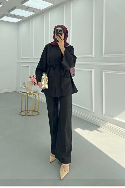 Pardesü Dünyası Cep Detaylı Seyyar Kuşaklı Keten Takım Siyah