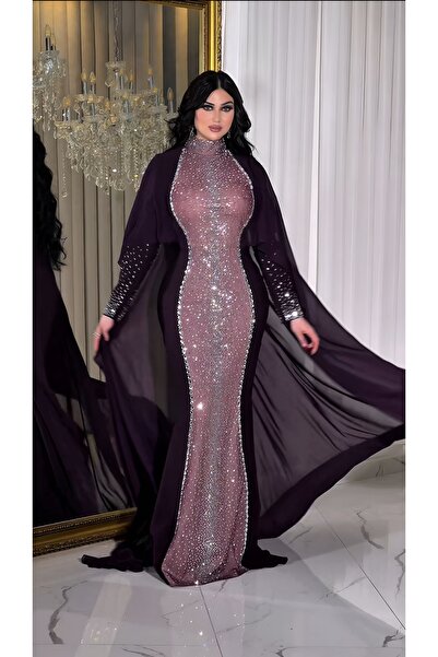 NHMODA Taş Baskılı Şifon Pelerinli Yüksek Yaka Balık Kesim Abiye