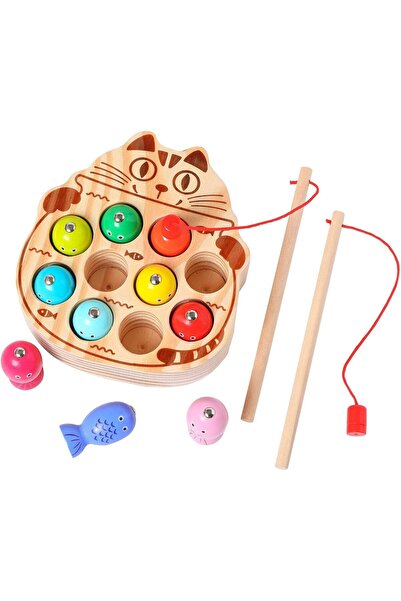 zola Joc de pescuit cu magnet, Zola, din lemn, pisică, 2 undițe cu magnet și ...