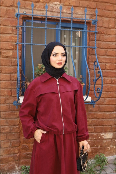 NİSUM MODA Suede Suit with Zippered Skirt