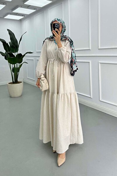 Pardesü Dünyası Bel Büzgülü Gofre Elbise Bej