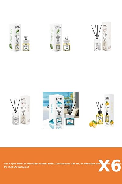 Eyfel Set 6 Mixt: 2x Odorizant camera bete , Lacramioare, 120 ml, 2x Odorizant camera bete , Bumbac,
