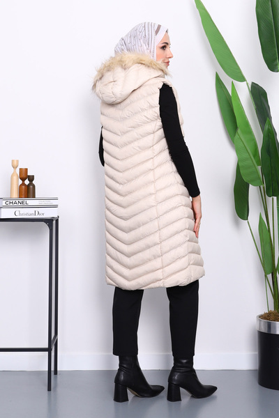 İmajButik Beige Hooded Long Puffer Vest