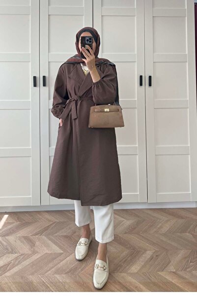 Pardesü Dünyası Dokulu Kuşaklı Trençkot Kahve