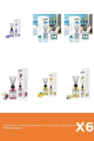 Eyfel Set 6 Mixt: 1x Odorizant camera bete , Lavanda, 120 ml, 2x Odorizant camera bete , Ocean, 120