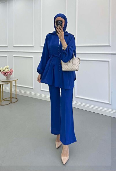 Pardesü Dünyası Düğme Detaylı Piliseli Takım Saks Mavi