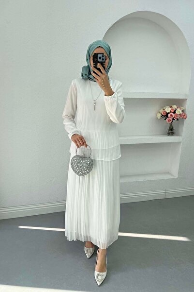Pardesü Dünyası Kolyeli Piliseli Etek Takım Beyaz