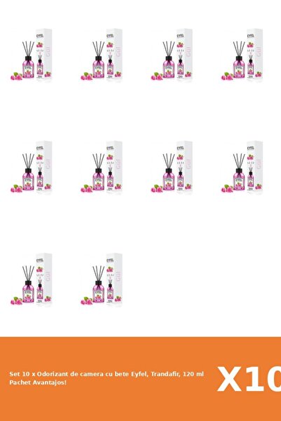 Eyfel Set 10 x Odorizant de camera cu bete Eyfel, Trandafir, 120 ml