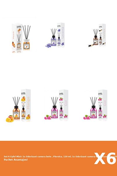 Eyfel Set 6 Mixt: 1x Odorizant camera bete , Piersica, 120 ml, 1x Odorizant c...