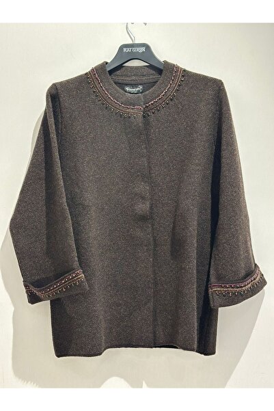 Desen Triko Women's Mock Neck Wool Coat with Embroidered Sleeves and Collar