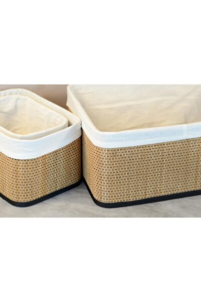 MD MİMOZA DEKOR Wicker 3-Piece Rectangular Organizer Basket / Organizer / Storage / with Cloth Bag