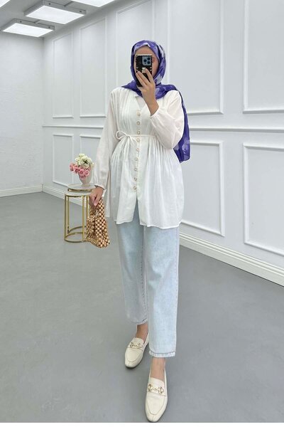 Pardesü Dünyası Piliseli Düğme Detaylı Gömlek Beyaz