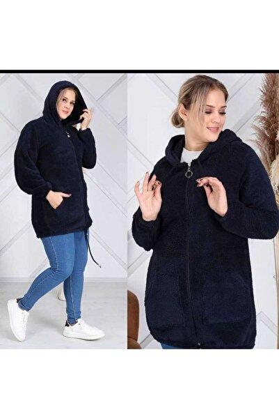 BİrHoşButik Plus Size Full Lycra Soft Pocketed Hooded Lace-Up Zippered Winter Trend Plush Fleece Cardigan