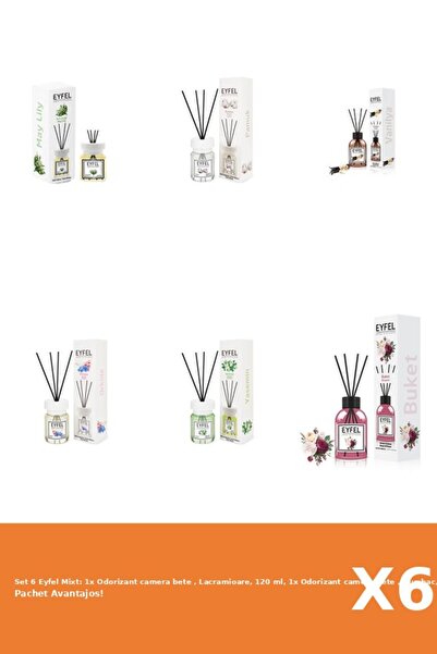 Eyfel Set 6 Mixt: 1x Odorizant camera bete , Lacramioare, 120 ml, 1x Odorizan...